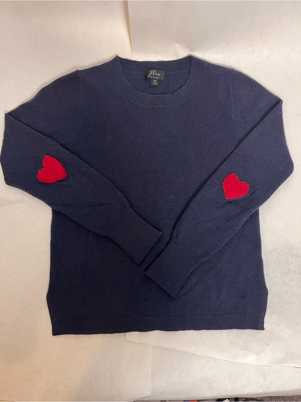 J. Crew 100% Cashmere Navy Crewneck Sweater with Red Heart Elbow Patches